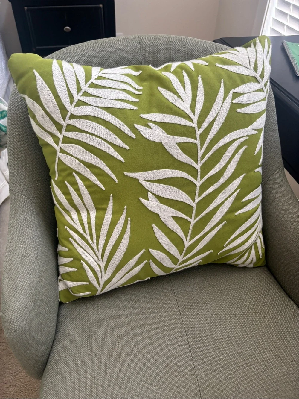 Green Leaf Embroidered Throw Pillow, 18x18